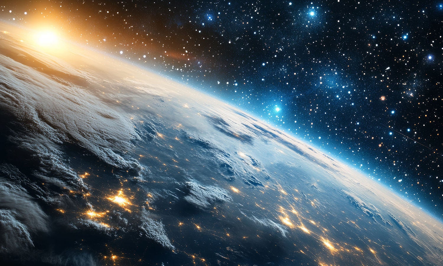 The sun setting over the Earth's curvature from orbit